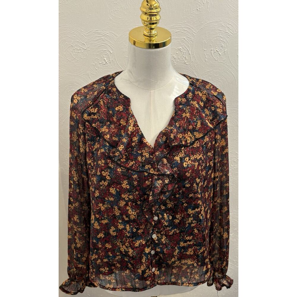 FRYE Floral Print Sheer Blouse Boho Ruffle Size Small V-Neck Full Button